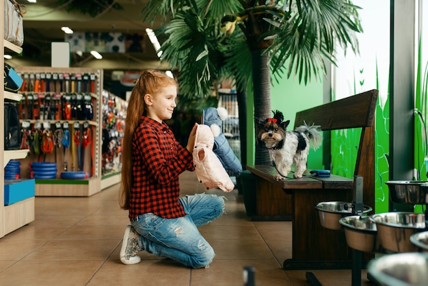 little girl looking clothes her dog pet store child buying equipment petshop accessories domestic animals 266732 22397